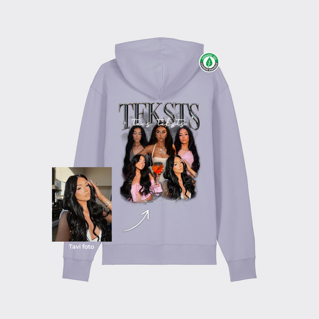 Personalizējams organiskās kokvilnas hūdijs ar personalizētu kolāžu