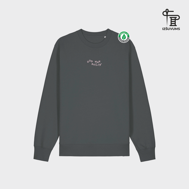 Izšūts organiskās kokvilnas džemperis "Dod man bučiņ"