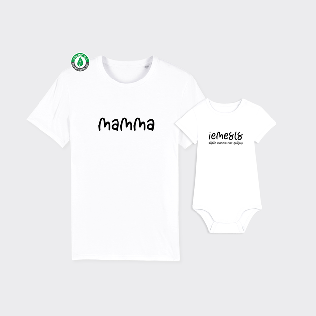 Organiskās kokvilnas komplekts "Neizgulējusies mamma un iemesls" (T-krekls + bodijs)