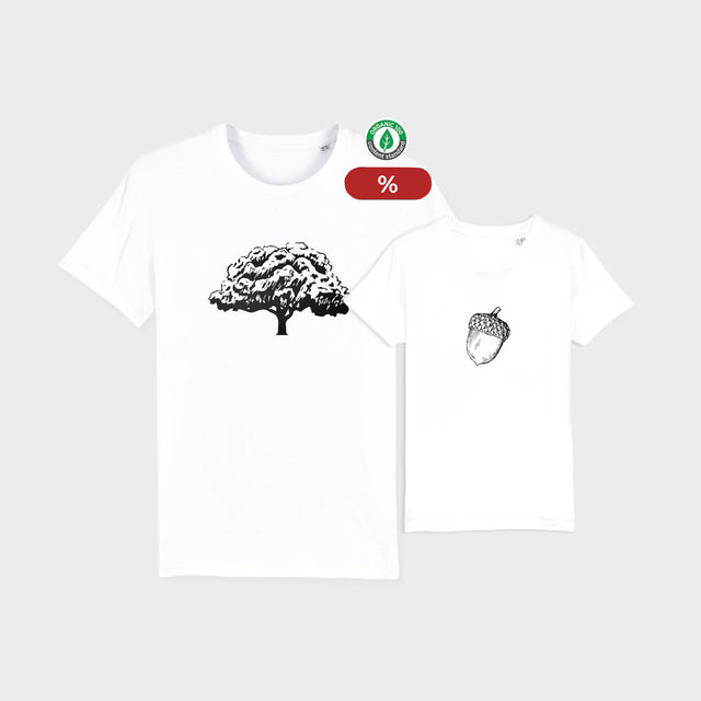 % Organiskās kokvilnas Balts T-kreklu komplekts "Ozols un zīle" (2XL + 12-14gadi)
