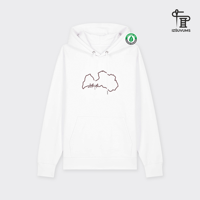 Izšūts organiskās kokvilnas hūdijs "Robežas Nebeidzas Latviete"