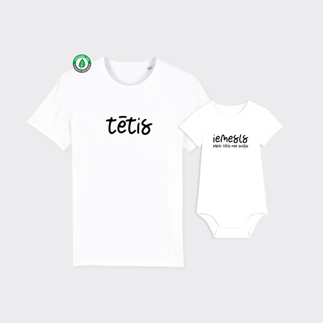 Organiskās kokvilnas komplekts "Neizgulējies tētis un iemesls" (T-krekls + bodijs)