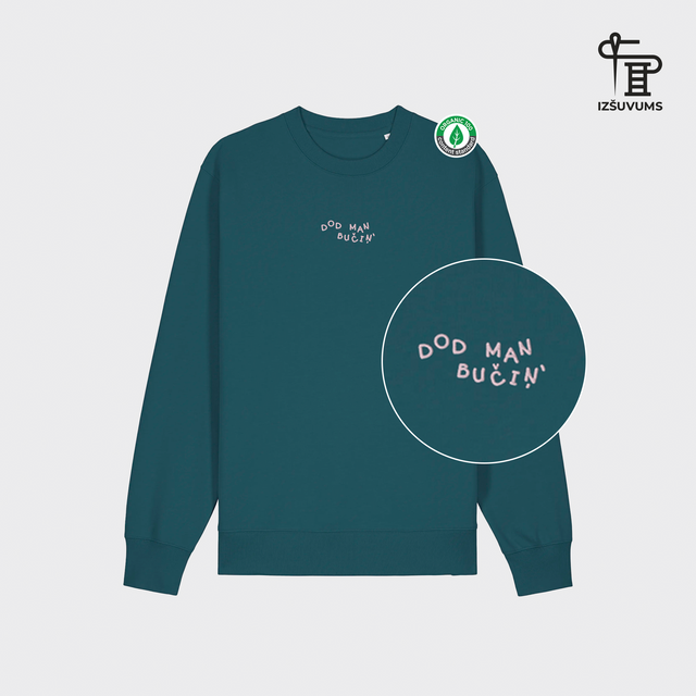 Izšūts organiskās kokvilnas džemperis "Dod man bučiņ"