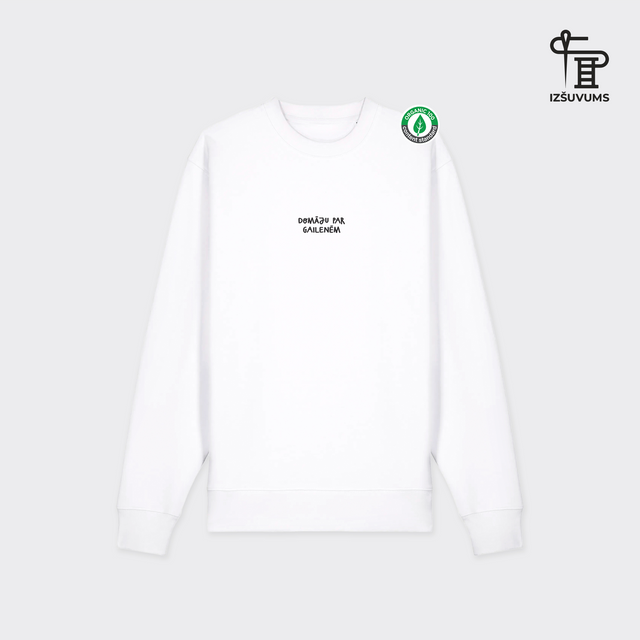 Izšūts organiskās kokvilnas džemperis "Domāju par gailenēm"