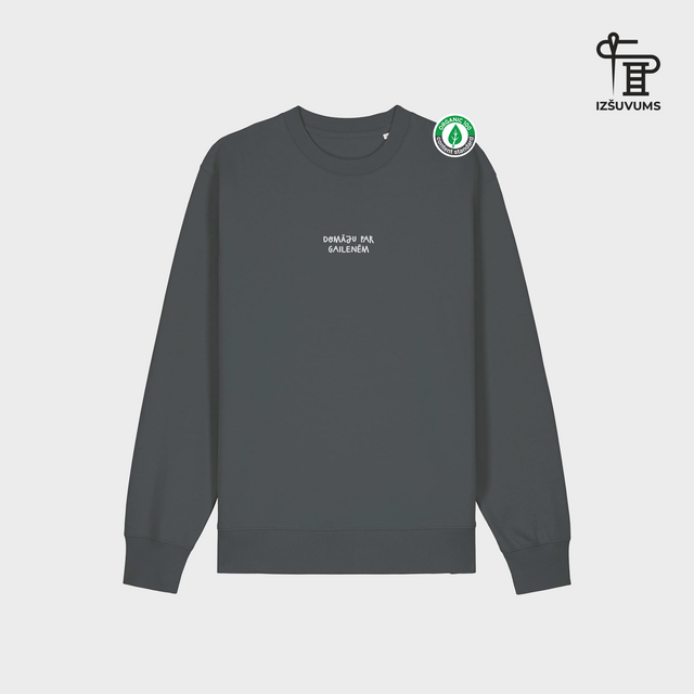 Izšūts organiskās kokvilnas džemperis "Domāju par gailenēm"