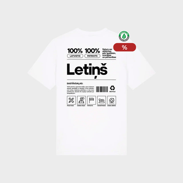 % Organiskās kokvilnas Balts XL izmēra T-krekls "Letiņš Etiķete"