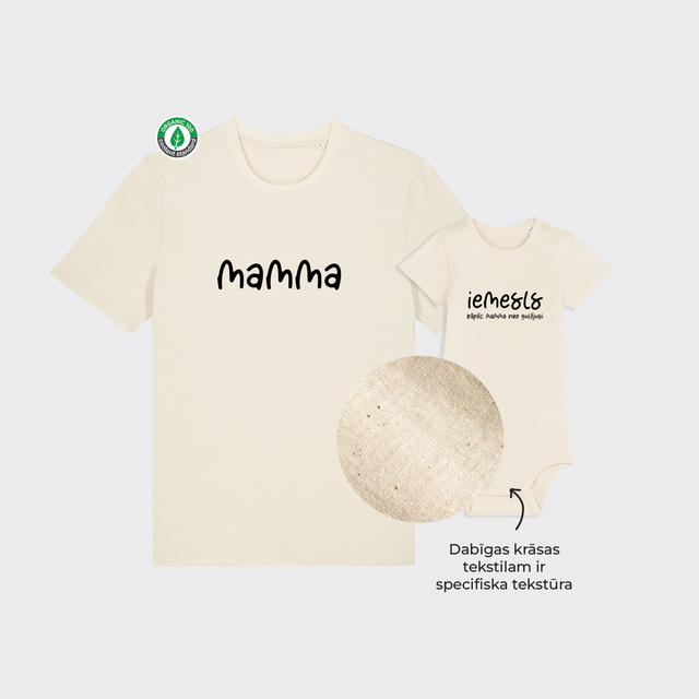 Organiskās kokvilnas komplekts "Neizgulējusies mamma un iemesls" (T-krekls + bodijs)