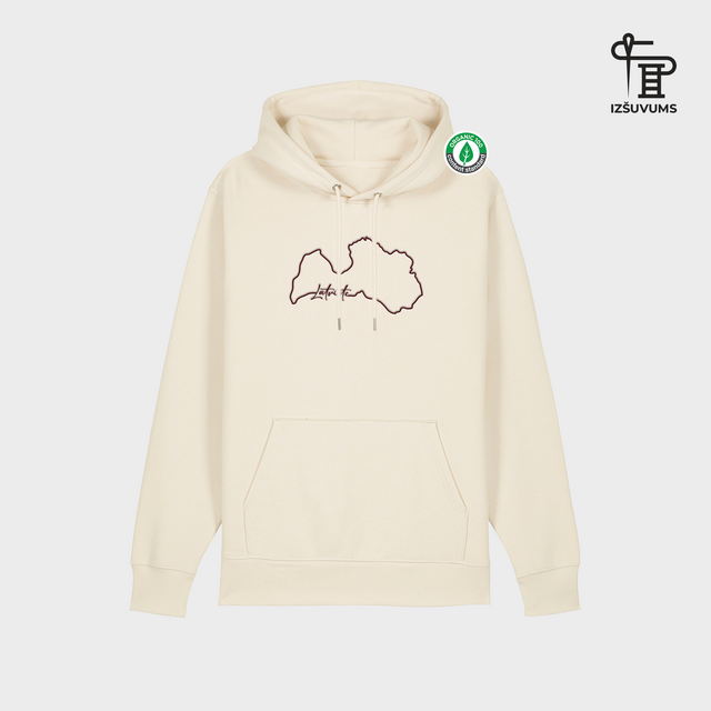 Izšūts organiskās kokvilnas hūdijs "Robežas Nebeidzas Latviete"